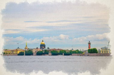 Saint Petersburg Leningrad şehrinin suluboya resimleri. Neva nehri üzerindeki Palace Bridge basküle köprüsü, Saint Isaac Katedrali, Vasilyevsky Adası Strelka Arrow, Rusya
