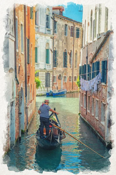 Dibujo Acuarela Venecia Góndola Navegando Estrecho Canal Entre Edificios Antiguos — Foto de Stock