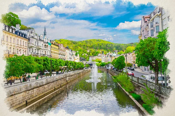 Akvarell Ritning Karlovy Vary Karlsbad Historiska Centrum Med Tepla Flod — Stockfoto
