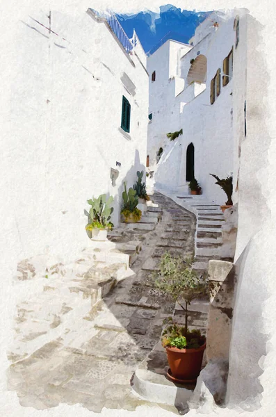 İtalya 'nın güneyindeki Puglia Apulia bölgesinde beyaz duvarlı Ostuni dar sokaklarının suluboya çizimi