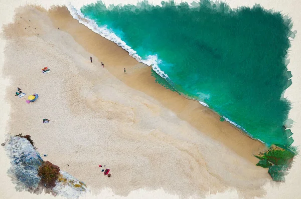 Desenho Aquarela Litoral Nazare Vista Superior Areia Branca Praia Portugal — Fotografia de Stock