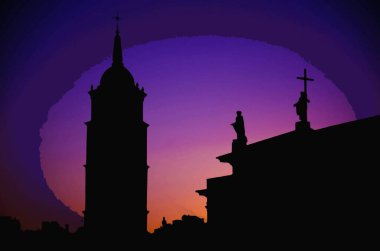 Çan kulesinin siluetinin suluboya çizimi ve St. Stanislaus ve St. Vladislav Katedral Meydanı 'nın Katedral Bazilikası' nın çatısındaki anıtlar, gün batımında renkli akşam gökyüzü, Vilnius, Litvanya