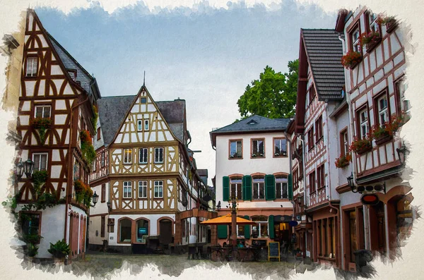 Rysunek Akwarelowy Starych Domów Architektury Centrum Moguncji Niemcy — Zdjęcie stockowe