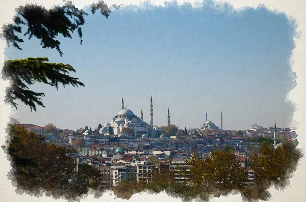 Suleymaniye Camii和Fatih Camii的水彩画 土耳其伊斯坦布尔 — 图库照片