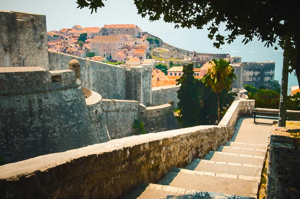 Rysunek Akwareli Murów Miasta Dubrownik Widok Stare Miasto Dalmacja Chorwacja — Zdjęcie stockowe
