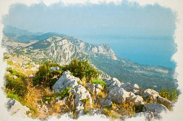 Dibujo Acuarela Colinas Rocas Cordillera Biokovo Frente Mar Adriático Makarska — Foto de Stock