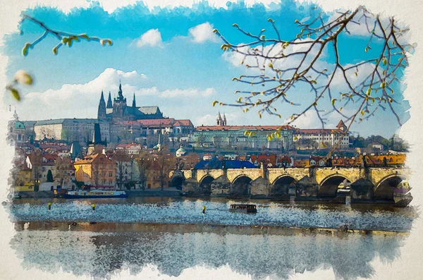 Rysunek Akwarelowy Historycznego Centrum Pragi Zamkiem Katedra Wita Hradcany Most — Zdjęcie stockowe