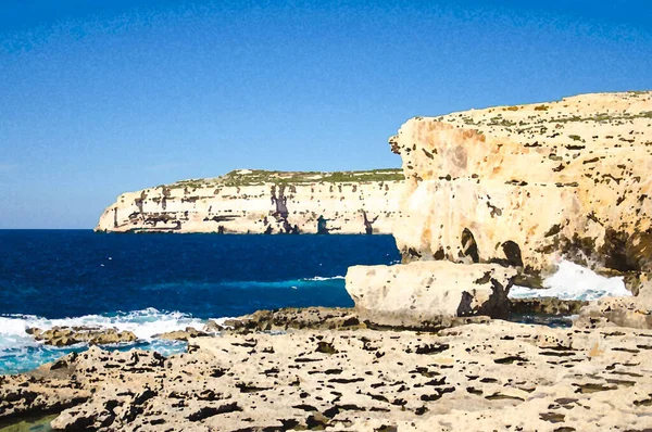 マルタ島ゴゾ島ドゥジェラ湾のAzureウィンドウの崩壊に近いロッキー海岸線と海の水彩画 — ストック写真