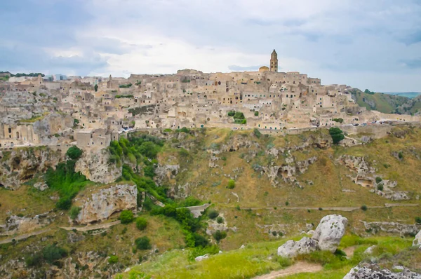 Akvarell Ritning Matera Panoramautsikt Över Historiska Centrum Sasso Caveoso Gamla — Stockfoto