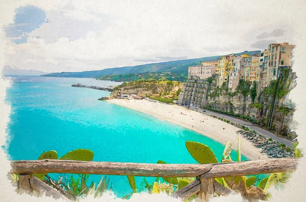 トロピー町とティレニア海のビーチの水彩画 高い大きな岩の上にカラフルな建物 フェンスの前景とサンタ マリア イゾラの聖域教会からの眺め 南イタリア — ストック写真