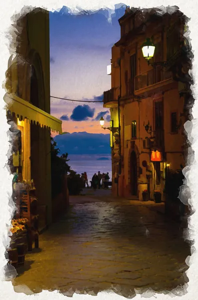 バルコニー付きの建物の上に明るいランタンランプと夜の街の水彩画 人々のシルエットと雲とカラフルな空 Tropea町 カラブリア 南イタリア — ストック写真