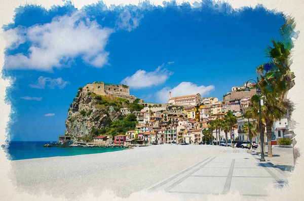 Watercolor Drawing Beautiful Seaside Town Village Scilla Old Medieval Castle — Stock Photo, Image