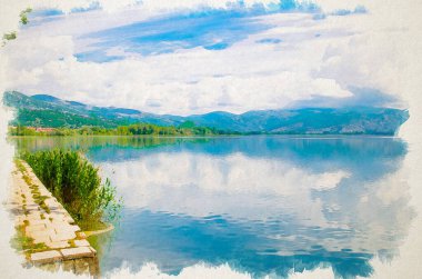 Kastoria kasabası, Batı Makedonya, Yunanistan yakınlarındaki Orestiada Gölü üzerinde mavi bulutlu gökyüzünün suluboya çizimi