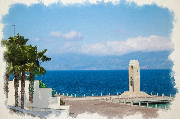 Athena Tanrıça Heykeli Vittorio Emmanuele Anıtı 'nın suluboya çizimi Messina ve Sicilya Boğazı' ndaki Lungomare Falcomata yakınlarındaki Arena dello Stretto 'da, İtalya' daki Reggio di Calabria adasında