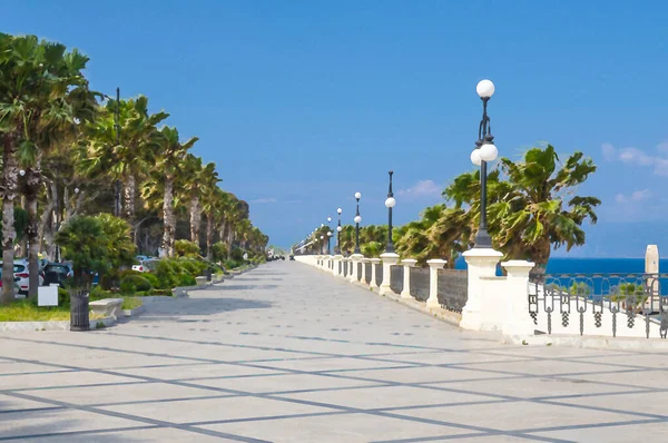 Reggio di Calabria 'nın suluboya resimleri Lungomare Falcomata rıhtımında Messina Boğazı ile bağlantılı Akdeniz ve Tyrrhenian denizi ve Sicilya adası geçmişi, Güney İtalya