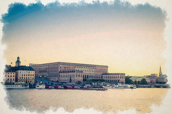 Akvarell Ritning Gamla Historiska Stadskärnan Gamla Stan Med Kungliga Slottets — Stockfoto