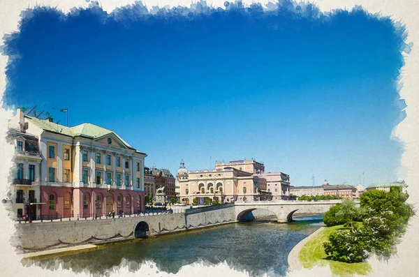 Акварельный Рисунок Здания Королевской Шведской Оперы Кунглига Опера Через Мост — стоковое фото