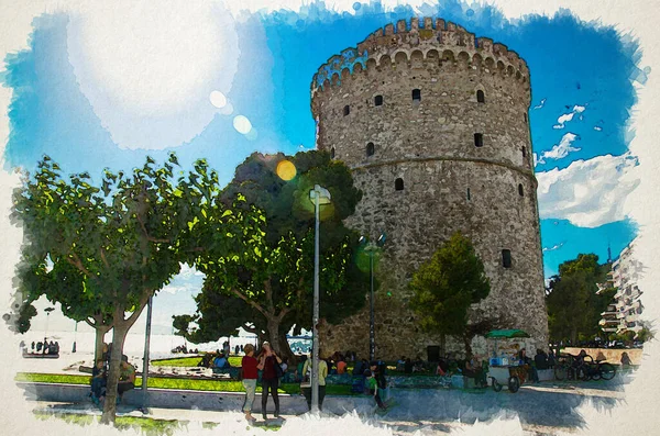 Desenho Aquarela Tessalônica Grécia Pessoas Andando Costa Tessalônica Lado Torre — Fotografia de Stock