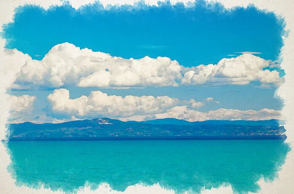 Watercolor drawing of View of blue paradise water of Toroneos kolpos gulf, blue sky and white clouds over Sithonia peninsula seen from Halkidiki Kassandra, Pefkohori, Macedonia, Greece