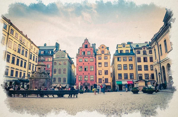 스웨덴의 전통적 수채화 도면에는 스웨덴 건물들 스톡홀름의 스테인만에 구역인 광장에 — 스톡 사진
