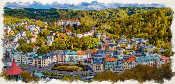 Dessin Aquarelle Ville Karlovy Vary Vue Panoramique Aérienne Avec Rangée — Photo