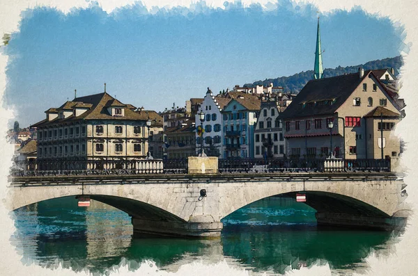 Rysunek Akwarelowy Mostu Munsterbrucke Nad Rzeką Limmat Historycznym Centrum Zurychu — Zdjęcie stockowe
