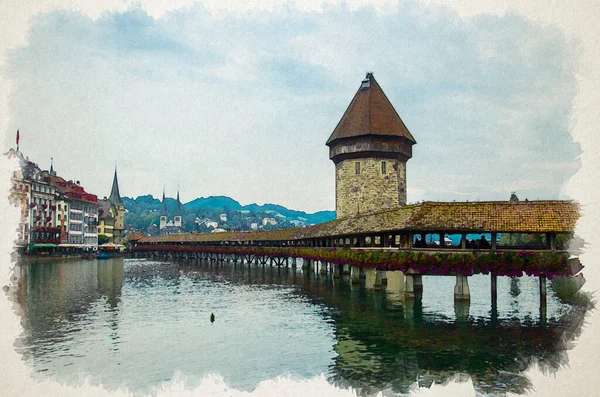 Rysunek Akwarela Widokiem Zabytkowe Centrum Miasta Luzern Wieża Ciśnień Drewniany — Zdjęcie stockowe