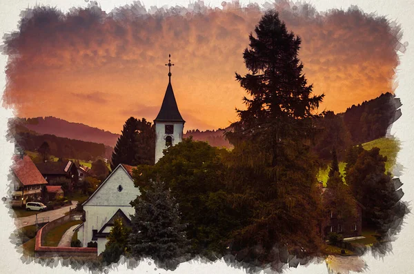 Aquarellzeichnung Von Dächern Einer Kleinen Dorfsiedlung Bolsternang Mit Kirche Und — Stockfoto