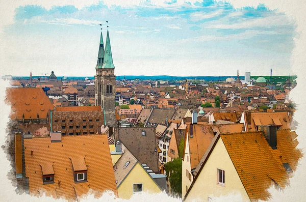Watercolor Drawing Panoramic View Roofs Historic Old City Nuremberg Nurnberg — Stock Photo, Image
