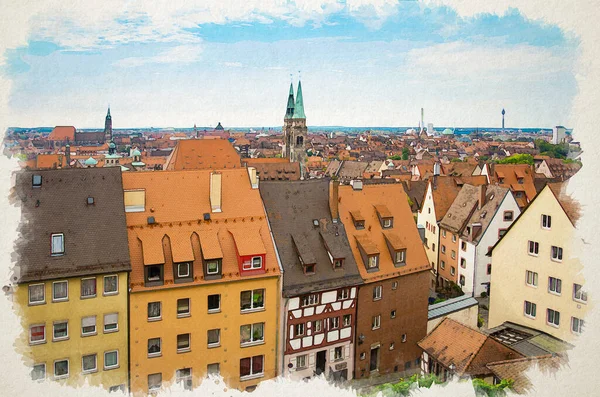 파노라마의 천연색 역사적 도시인 바이에른주 프랑켄 지역의 뉘른베르크누 른베르크 지붕들 — 스톡 사진