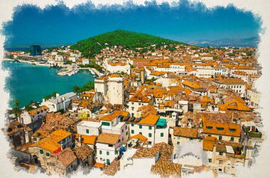 Deniz kıyısı suluboya çizimi, turuncu çatılı eski binalar ve Venedik Saint Domnius çan kulesi, Split, Dalmaçya, Hırvatistan 'dan Marjan tepesi hava manzarası