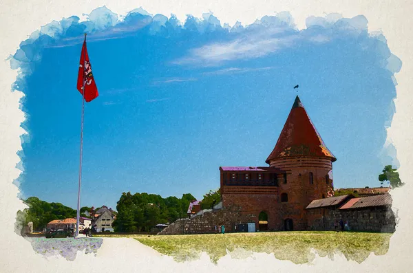 Akvarell Ritning Medeltida Gotiska Kaunas Slott Med Torn Med Röda — Stockfoto