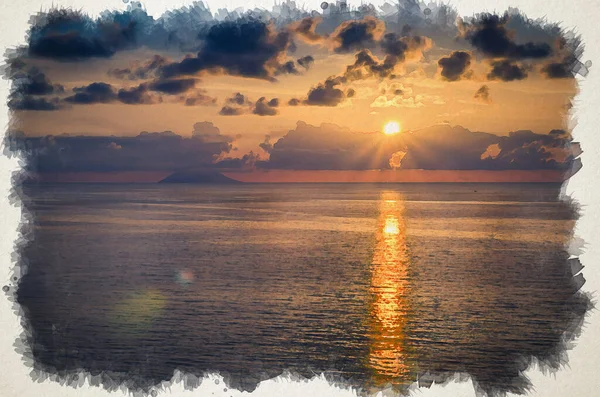Akvarel Kresba Letecký Pohled Krásné Úžasné Moře Západ Slunce Mořský — Stock fotografie