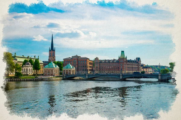 Akvarell Ritning Natursköna Panoramautsikt Över Det Historiska Centrum Riddarholmen Med — Stockfoto