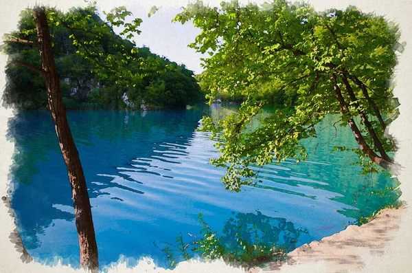 Aquareltekening Van Prachtig Uitzicht Meer Met Vis Helder Turquoise Water Rechtenvrije Stockafbeeldingen