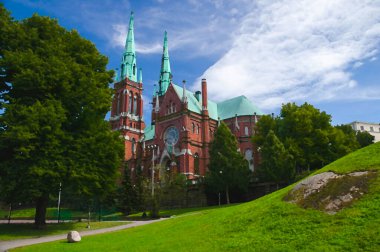 Aziz John Kilisesi 'nin suluboya resimleri Johanneksenkirkko, Gotik Diriliş tarzında bir Lutheran kilisesi, Helsinki, Finlandiya