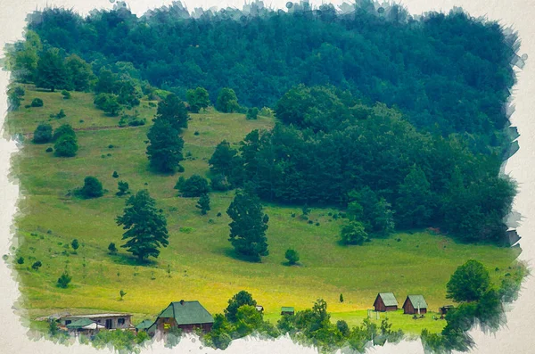 Aquarellzeichnung Von Kleinen Dorfhäusern Grünen Wald Der Nähe Der Schlucht — Stockfoto