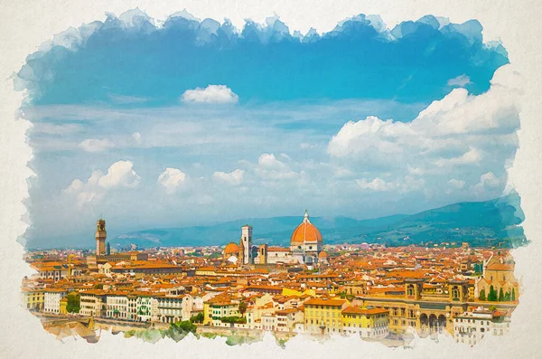 Dibujo Acuarela Vista Panorámica Aérea Superior Ciudad Florencia Con Duomo — Foto de Stock