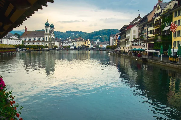 Aquarellzeichnung Der Ansicht Des Historischen Stadtzentrums Von Luzern Und Der — Stockfoto