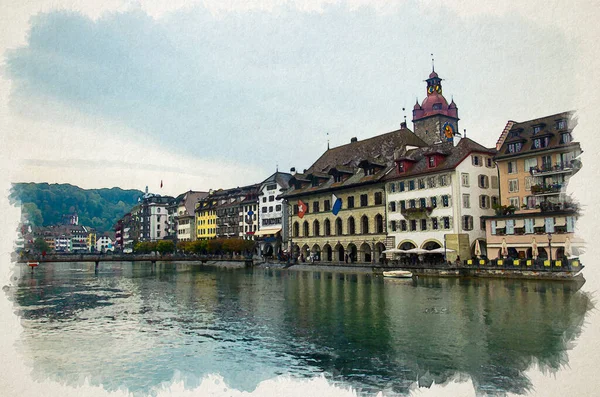 Rysunek Akwarela Widokiem Zabytkowe Centrum Miasta Luzern Rzeki Reuss Słynnego — Zdjęcie stockowe