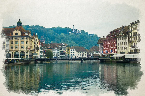 Rysunek Akwarela Widokiem Zabytkowe Centrum Miasta Luzern Rzeki Reuss Słynnego — Zdjęcie stockowe