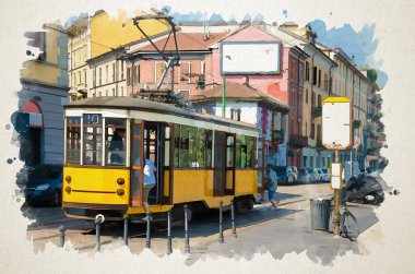 Milano 'nun suluboya çizimi: insanlar güzel bir yaz günü renkli binalarla eski sarı tramvaya biniyor.