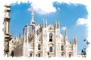 Duomo di Milano katedralinin beyaz duvarları, kuleleri, kalıpları ve sıva işçiliğiyle suluboya çizimi Piazza del Duomo meydanı, mavi gökyüzü arka planı, Milan tarihi şehir merkezi, İtalya