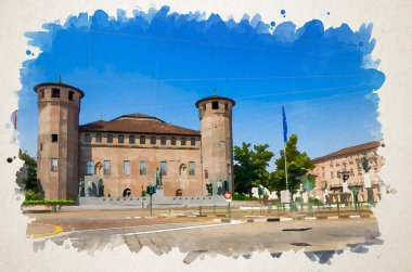 Torino 'nun tarihi merkezi Piedmont, İtalya' daki tarihi Torino kentinde bulunan Castle Meydanı Castello 'daki tuğla kuleleri ve anıtlarıyla ortaçağ eski Acaja Kalesi' nin suluboya çizimi
