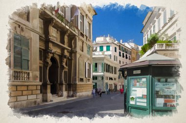 Genoa Sarayı 'nın suluboya çizimi Grimaldi della Meridiana Sarayı, tipik renkli binalar, Cenova, Ligurya' nın tarihi merkezinde Piazza della Meridiana Meydanı 'ndaki eski kitapçı büfesi.
