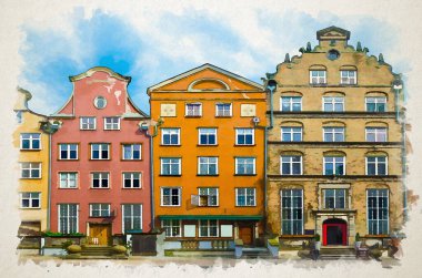 Tipik renkli binaların suluboya çizimleri çok renkli cepheli binalar, ön merdivenli veranda, kaldırım taşı yolu olan Piwna caddesi, eski tarihi şehir merkezi, Gdansk, Polonya