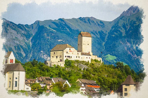 Rysunek Akwarelowy Starego Zamku Przed Górami Alpy Pobliżu Miasta Vaduz — Zdjęcie stockowe