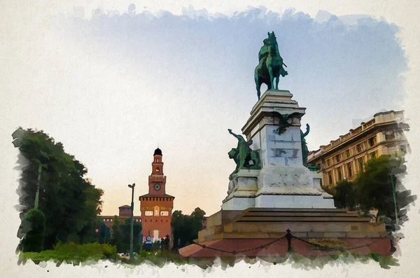 Emlékmű Giuseppe Garibaldi Szobor Akvarell Rajza Largo Cairolin Régi Középkori — Stock Fotó