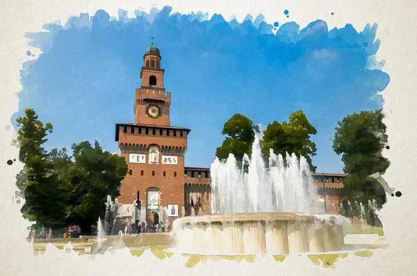 Vízfestékrajz Régi Középkori Sforza Kastély Castello Sforzesco Homlokzat Falak Torony — Stock Fotó