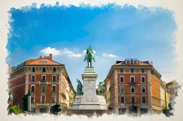 Dibujo Acuarela Estatua Giuseppe Garibaldi Largo Cairoli Vista Trasera Cuadrada —  Fotos de Stock